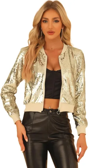 Allegra K Women Halloween Sequin Jackets 2025 Fall Glitter Shiny Party Sparkly Bomber Jacket