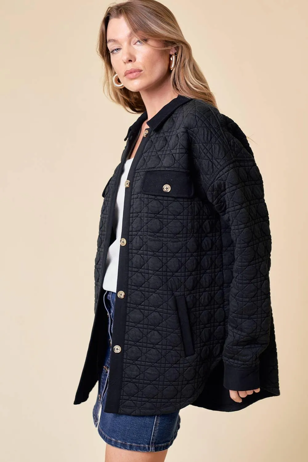 Black Quilted Button Down Shacket