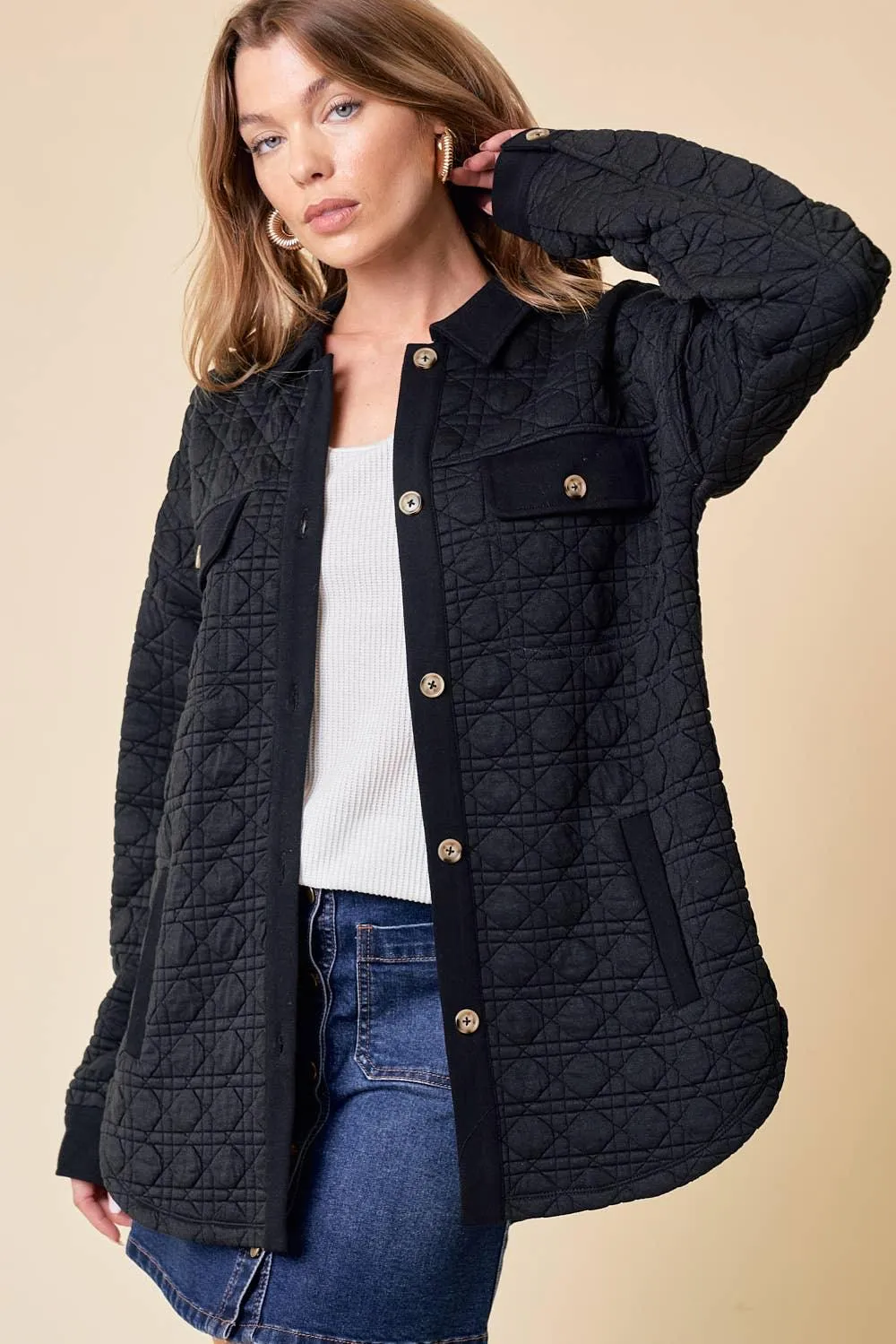 Black Quilted Button Down Shacket