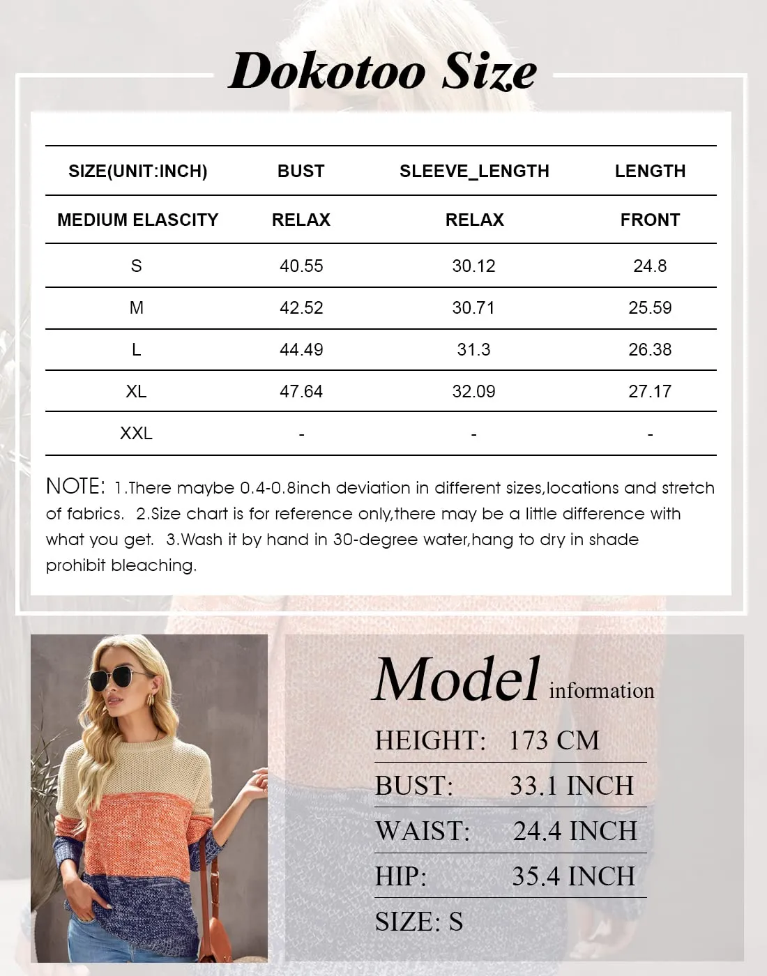 Blue Womens Color Block Sweaters Long Sleeve Crewneck Pullover Knit Jumper Tops - Dokotoo