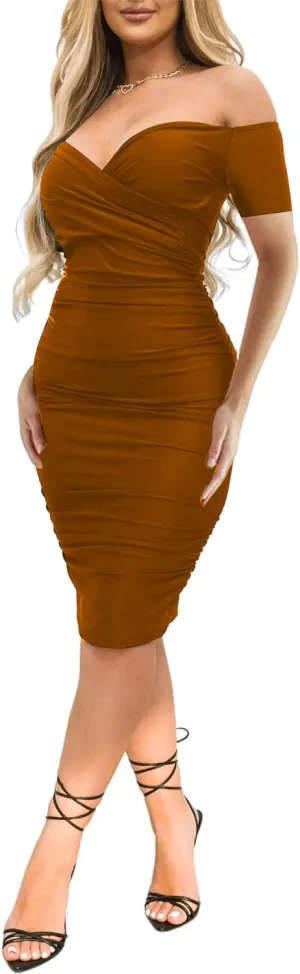 Ekaliy Women's Sexy Off The Shoulder Midi Dress Ruched Bodycon Dresses