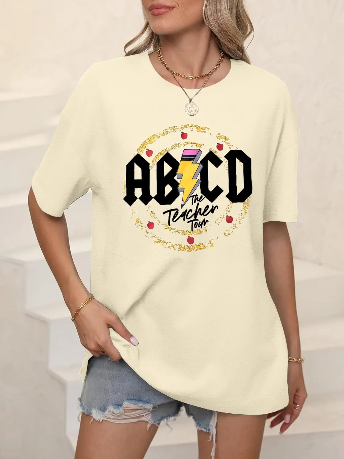 KIDDAD Teacher Shirts ABCD The Teacher Tour Tshirt Oversized Funny Graphic Tee Summer Casual Short Sleeve Tops