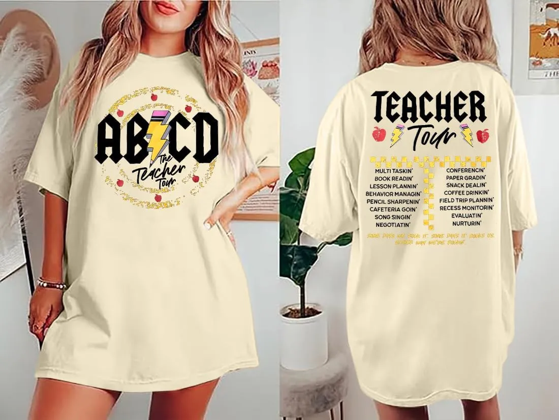 KIDDAD Teacher Shirts ABCD The Teacher Tour Tshirt Oversized Funny Graphic Tee Summer Casual Short Sleeve Tops