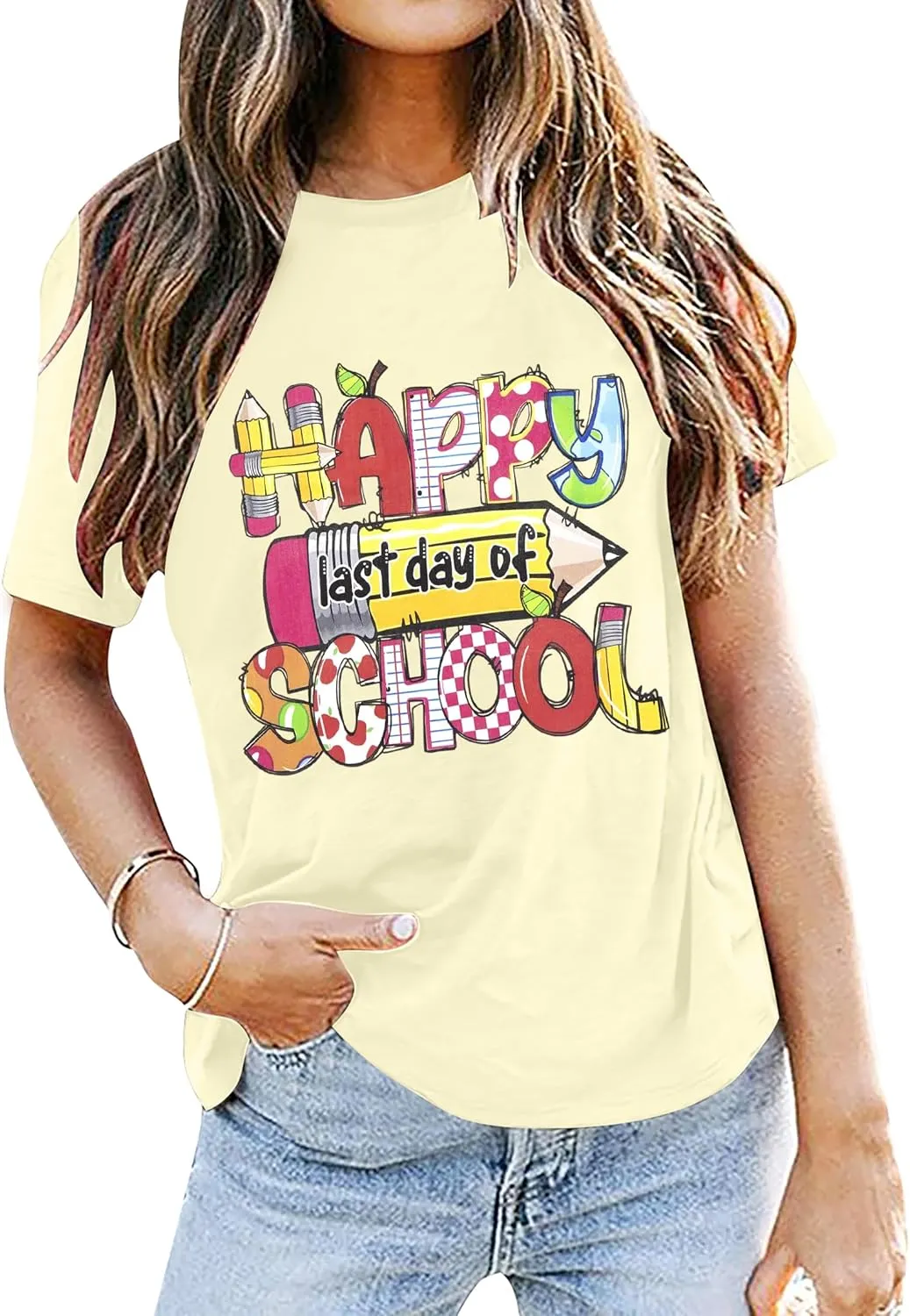 Last Day of School Shirt Women - Teacher Life Shirts Pencil Graphic Tee Graduation Gift Short Sleeve Tee Tops