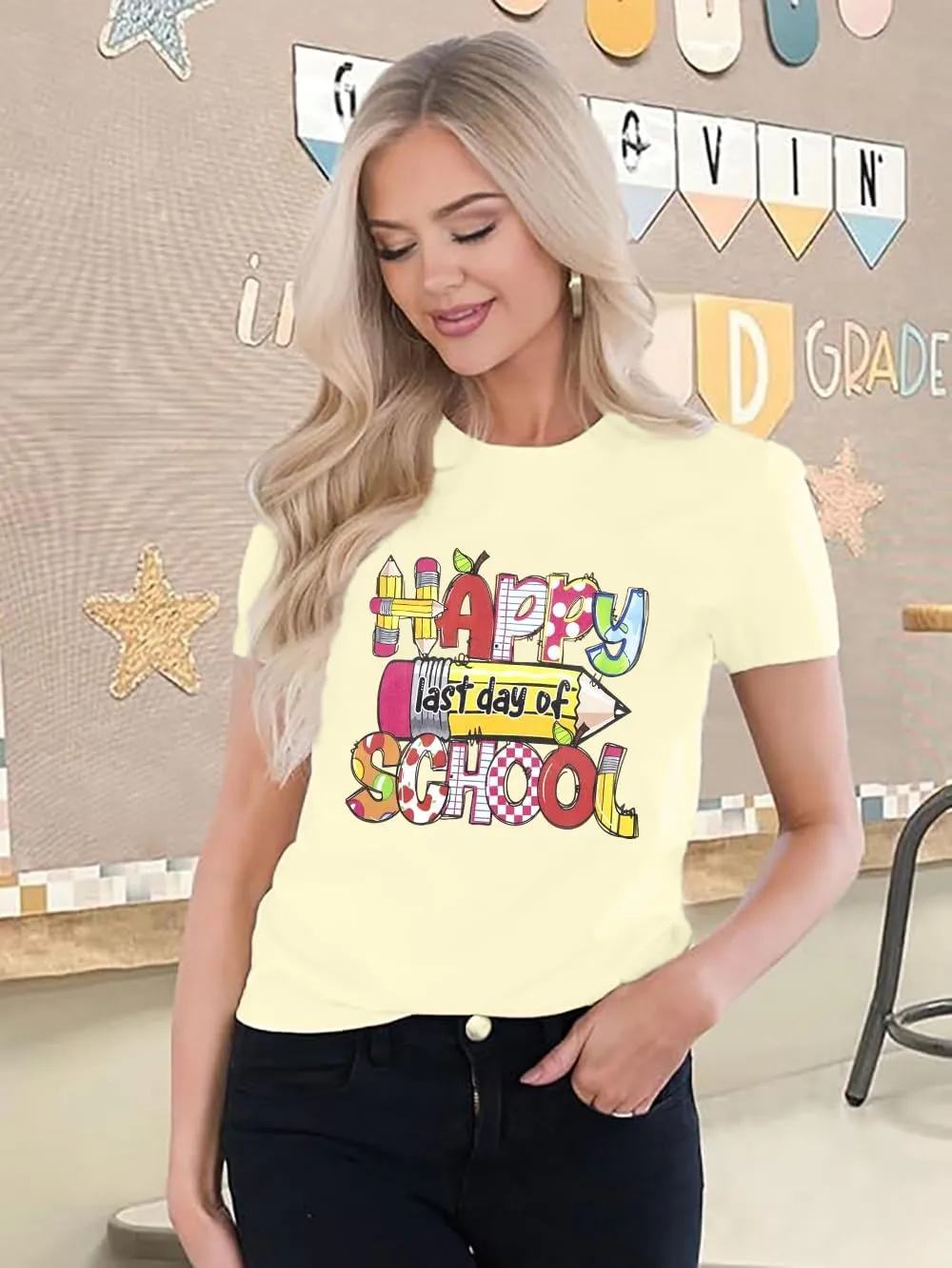 Last Day of School Shirt Women - Teacher Life Shirts Pencil Graphic Tee Graduation Gift Short Sleeve Tee Tops