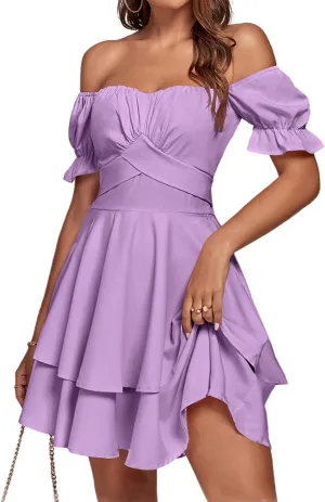 LYANER Women's Tie Back Off Shoulder Wrap Layer Ruffle Short Sleeve Mini Dress