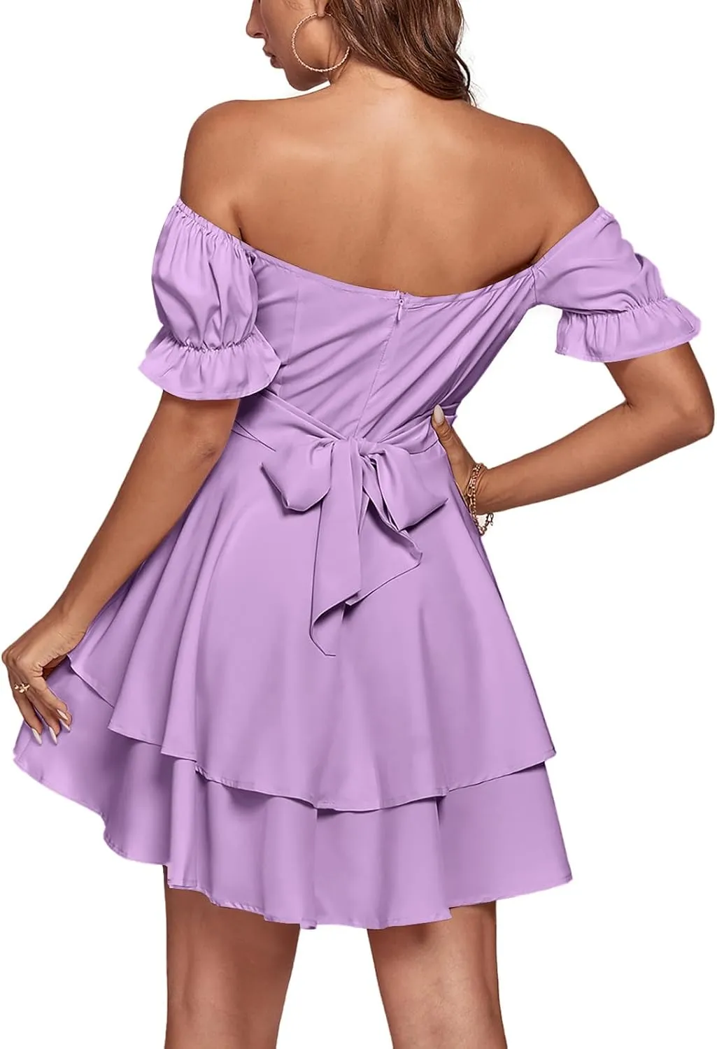 LYANER Women's Tie Back Off Shoulder Wrap Layer Ruffle Short Sleeve Mini Dress