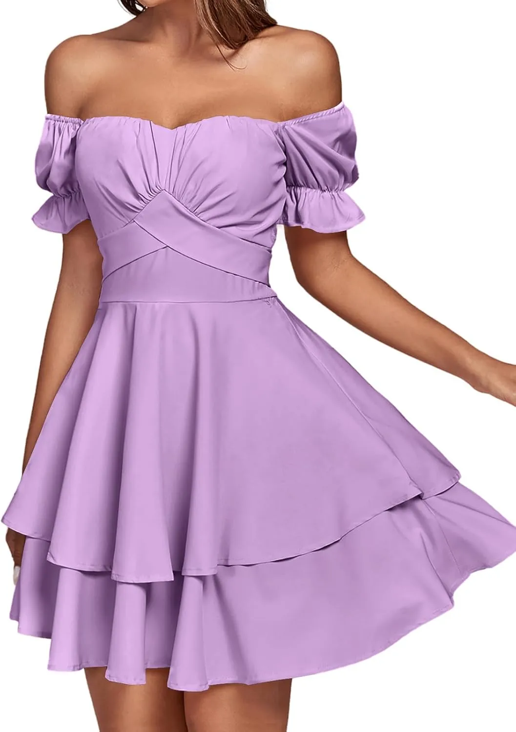 LYANER Women's Tie Back Off Shoulder Wrap Layer Ruffle Short Sleeve Mini Dress