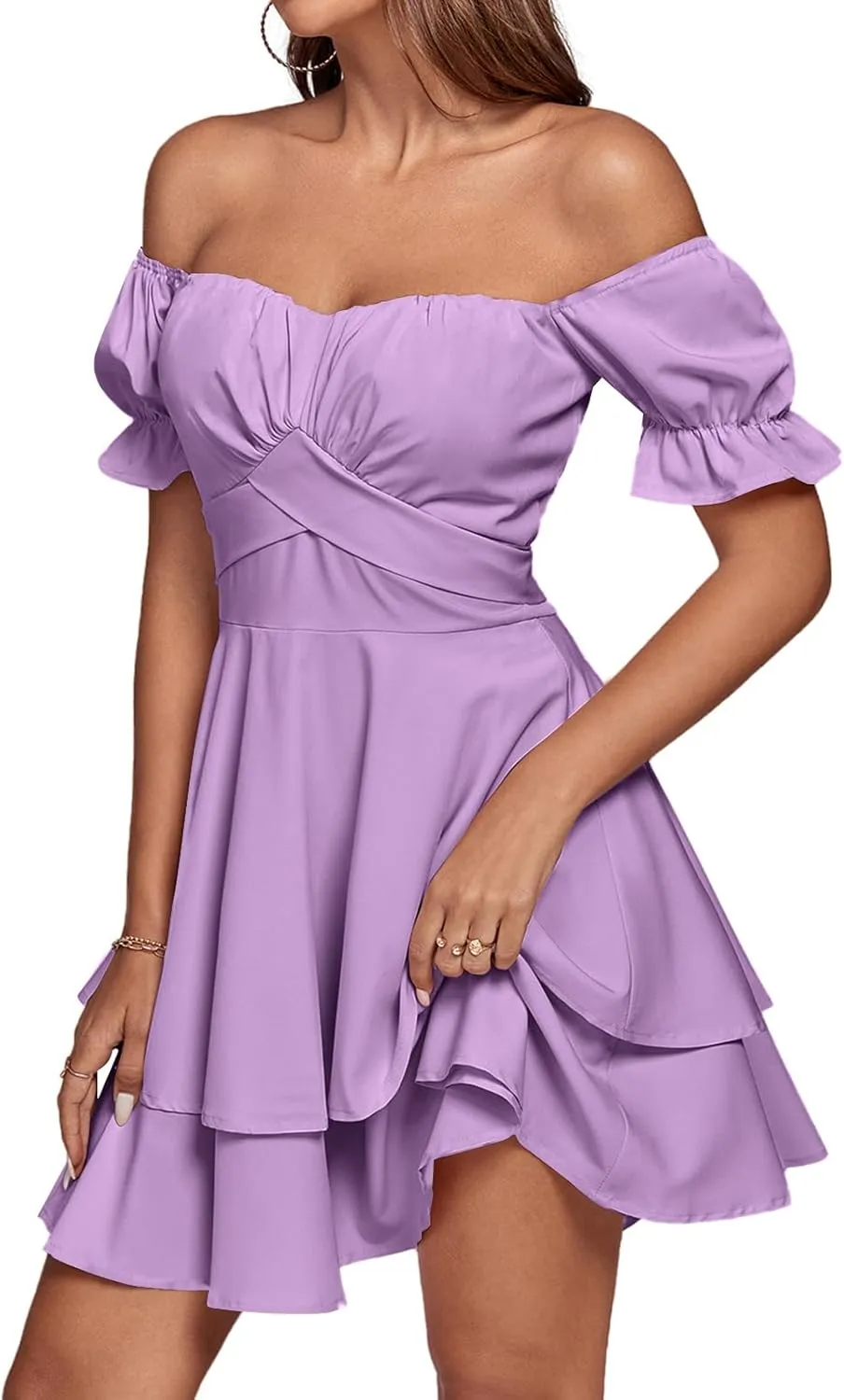 LYANER Women's Tie Back Off Shoulder Wrap Layer Ruffle Short Sleeve Mini Dress