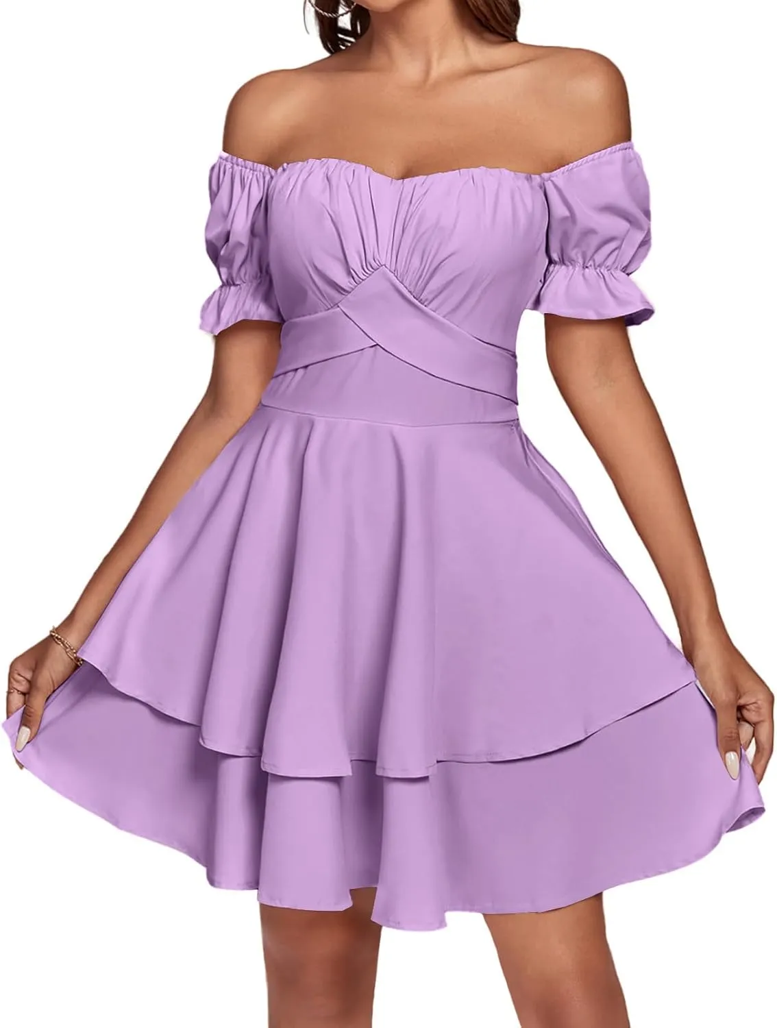 LYANER Women's Tie Back Off Shoulder Wrap Layer Ruffle Short Sleeve Mini Dress