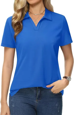 MAGCOMSEN Women's Polo Shirts Cotton Short Sleeve V-Neck Collared Tops Golf Shirt Work Casual Summer Tee