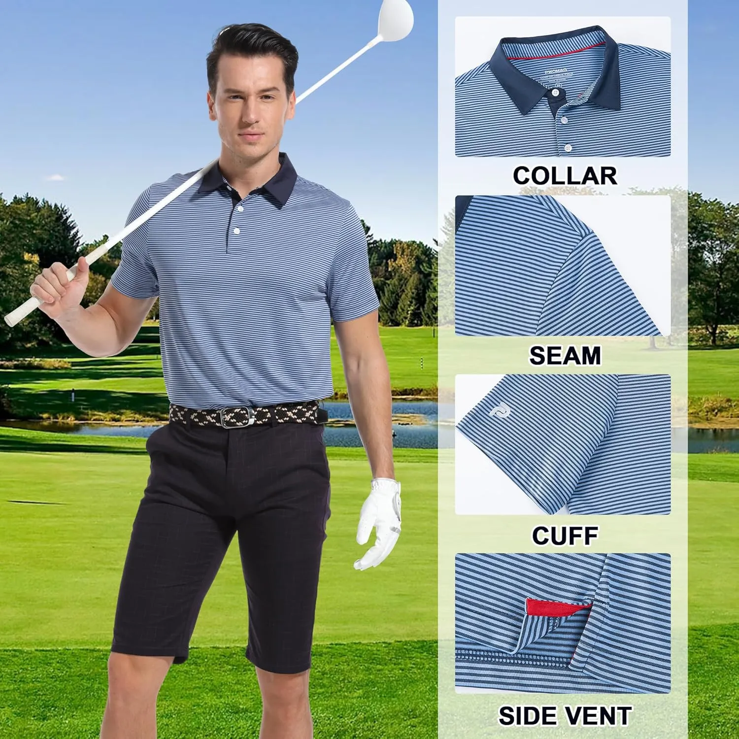 Mens Golf Polo Shirt Moisture Wicking Dry Fit Performance Athletic Short Sleeve Striped Golf Shirts for Men
