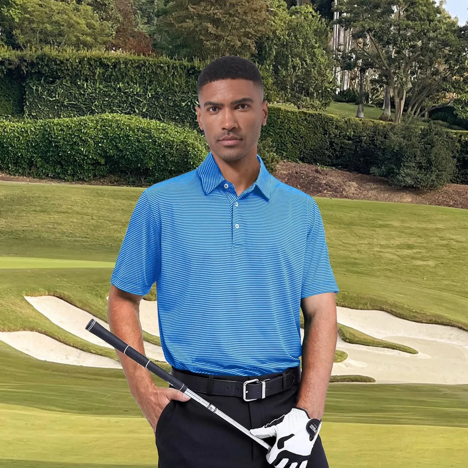 Mens Golf Polo Shirt Moisture Wicking Dry Fit Performance Athletic Short Sleeve Striped Golf Shirts for Men