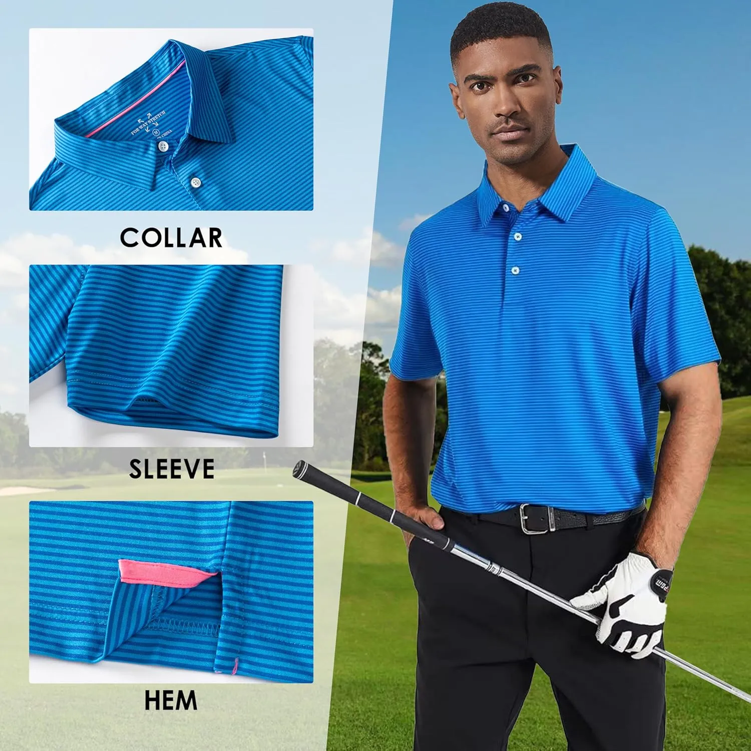 Mens Golf Polo Shirt Moisture Wicking Dry Fit Performance Athletic Short Sleeve Striped Golf Shirts for Men