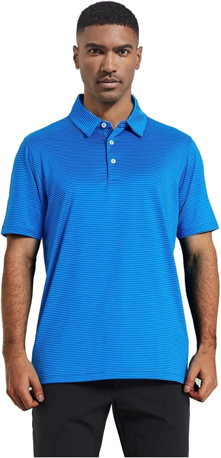 Mens Golf Polo Shirt Moisture Wicking Dry Fit Performance Athletic Short Sleeve Striped Golf Shirts for Men