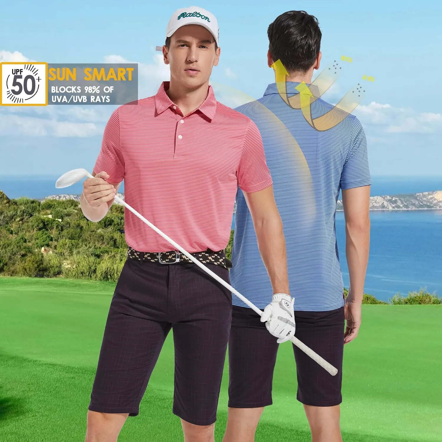 Mens Golf Polo Shirt Moisture Wicking Dry Fit Performance Athletic Short Sleeve Striped Golf Shirts for Men