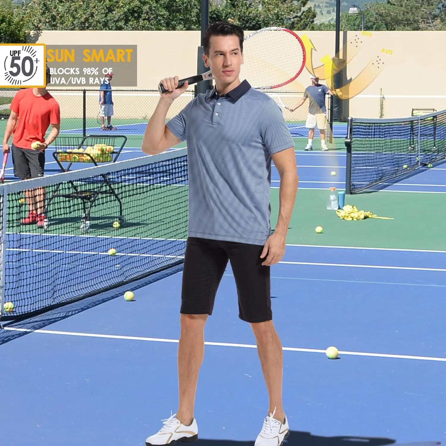 Mens Golf Polo Shirt Moisture Wicking Dry Fit Performance Athletic Short Sleeve Striped Golf Shirts for Men