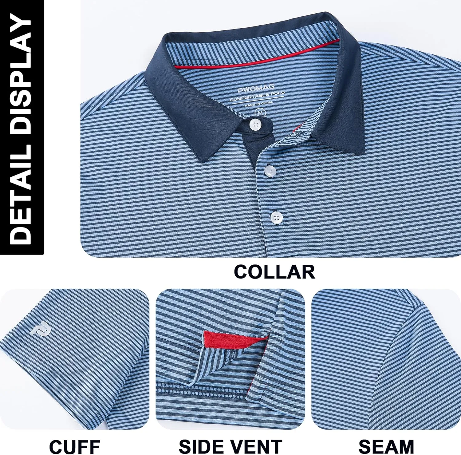 Mens Golf Polo Shirt Moisture Wicking Dry Fit Performance Athletic Short Sleeve Striped Golf Shirts for Men