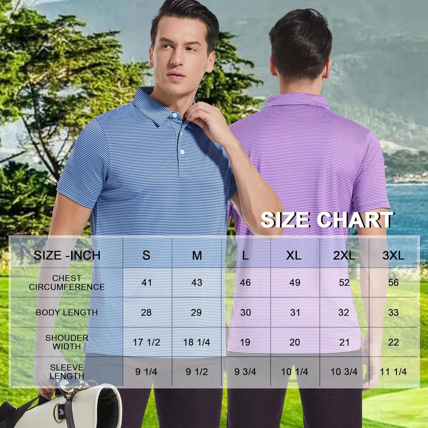 Mens Golf Polo Shirt Moisture Wicking Dry Fit Performance Athletic Short Sleeve Striped Golf Shirts for Men