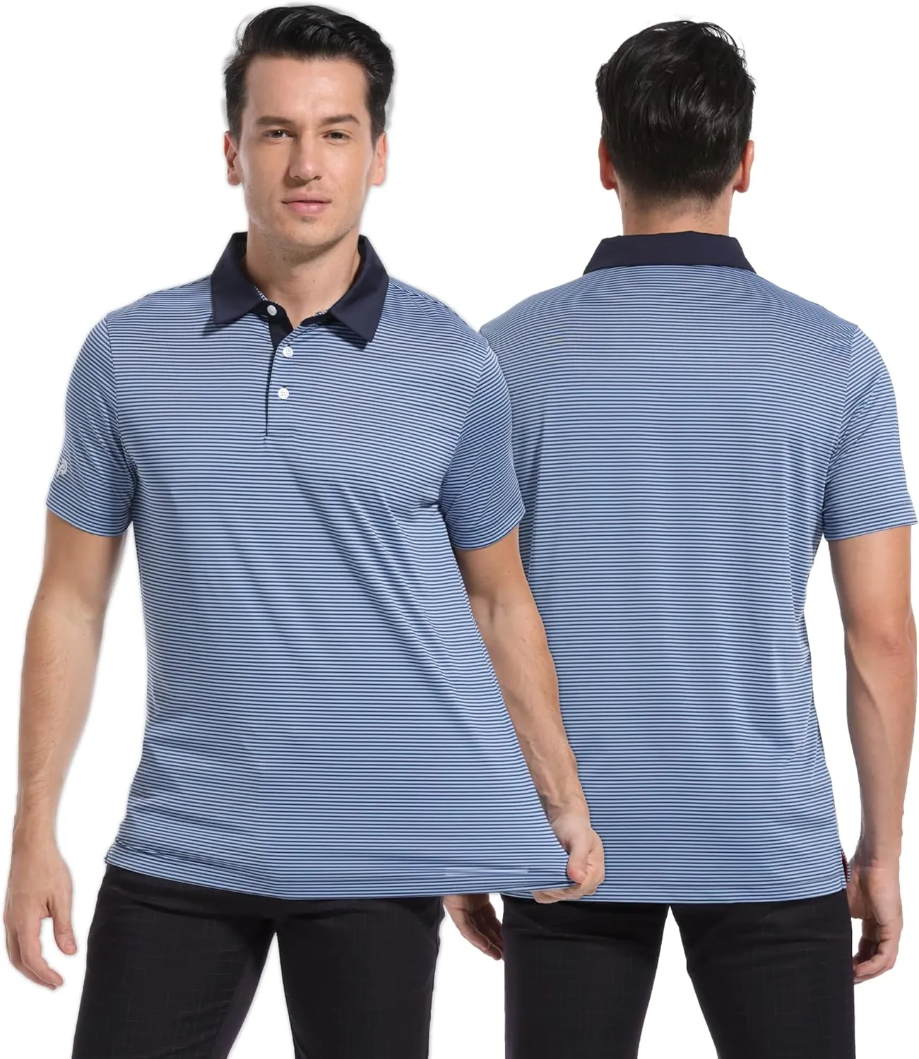 Mens Golf Polo Shirt Moisture Wicking Dry Fit Performance Athletic Short Sleeve Striped Golf Shirts for Men