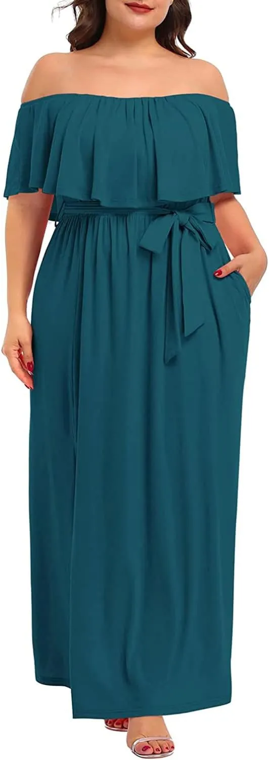 Plus Size Off The Shoulder Maxi Long Casual Beach Dress Pockets Women