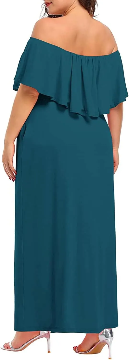 Plus Size Off The Shoulder Maxi Long Casual Beach Dress Pockets Women