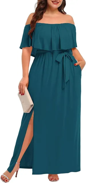 Plus Size Off The Shoulder Maxi Long Casual Beach Dress Pockets Women