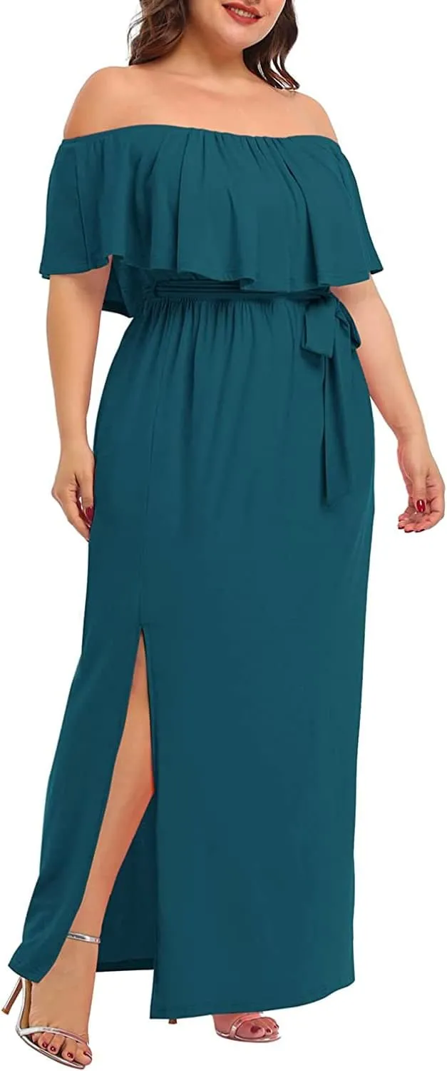 Plus Size Off The Shoulder Maxi Long Casual Beach Dress Pockets Women