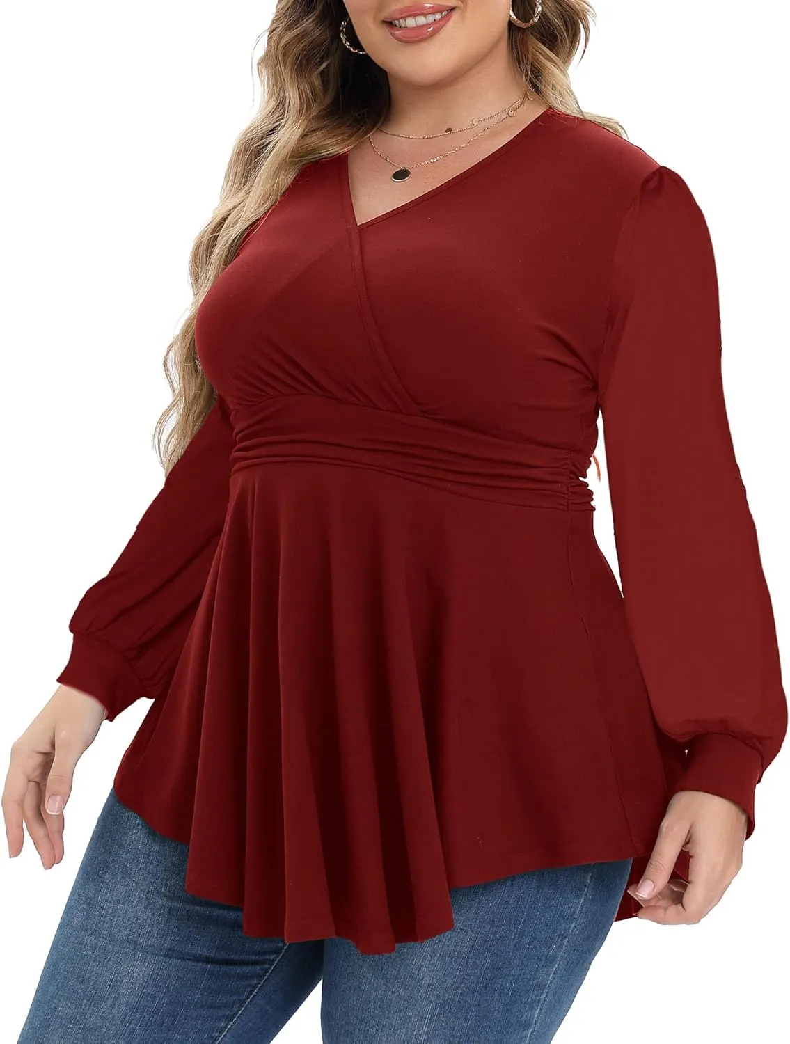 Plus Size Tops for Women Lace Long Sleeve Fall Shirts Casual Dressy Wrap V Neck Pleated Tunic Top