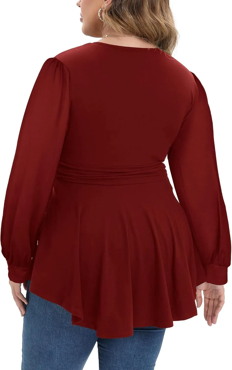 Plus Size Tops for Women Lace Long Sleeve Fall Shirts Casual Dressy Wrap V Neck Pleated Tunic Top