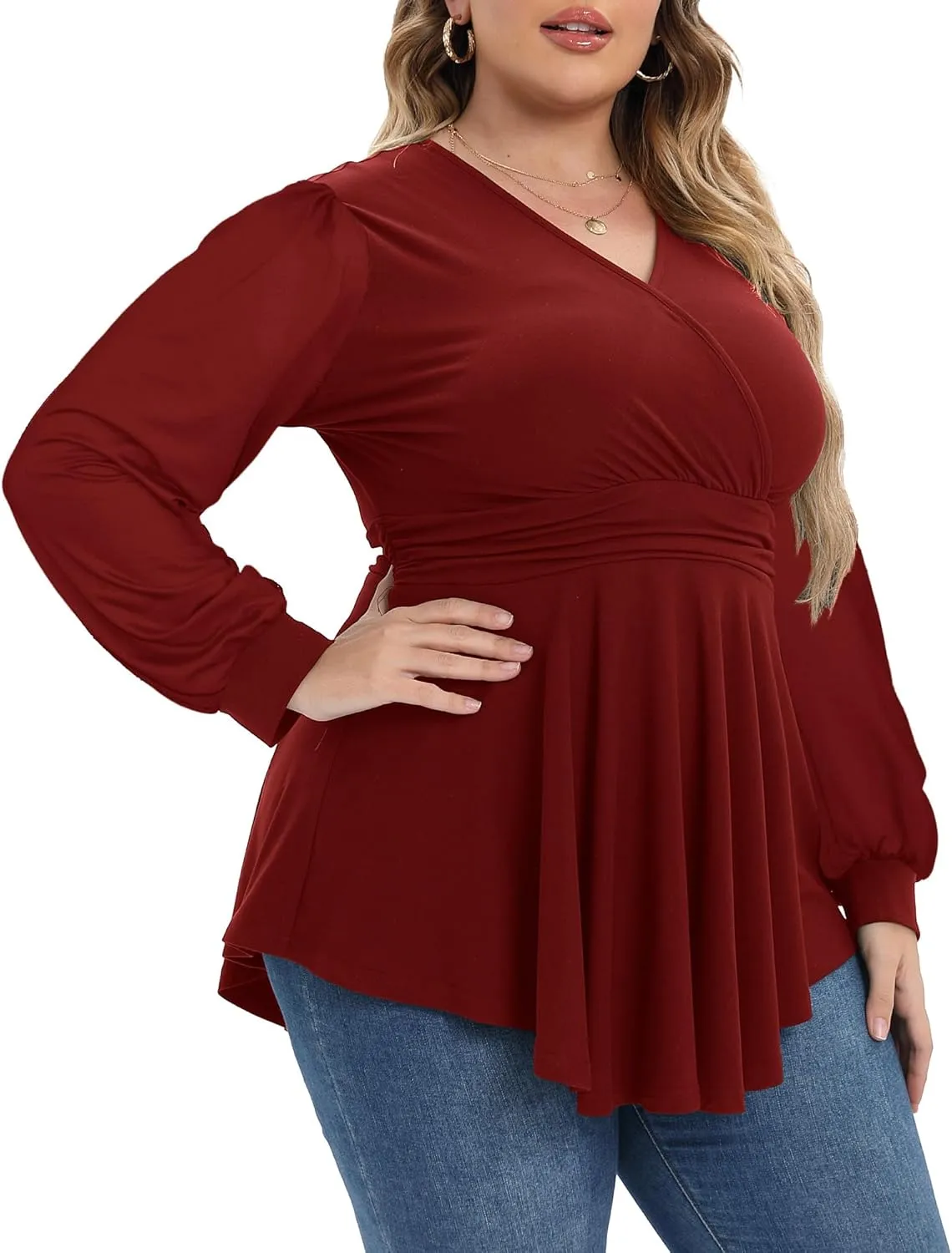 Plus Size Tops for Women Lace Long Sleeve Fall Shirts Casual Dressy Wrap V Neck Pleated Tunic Top