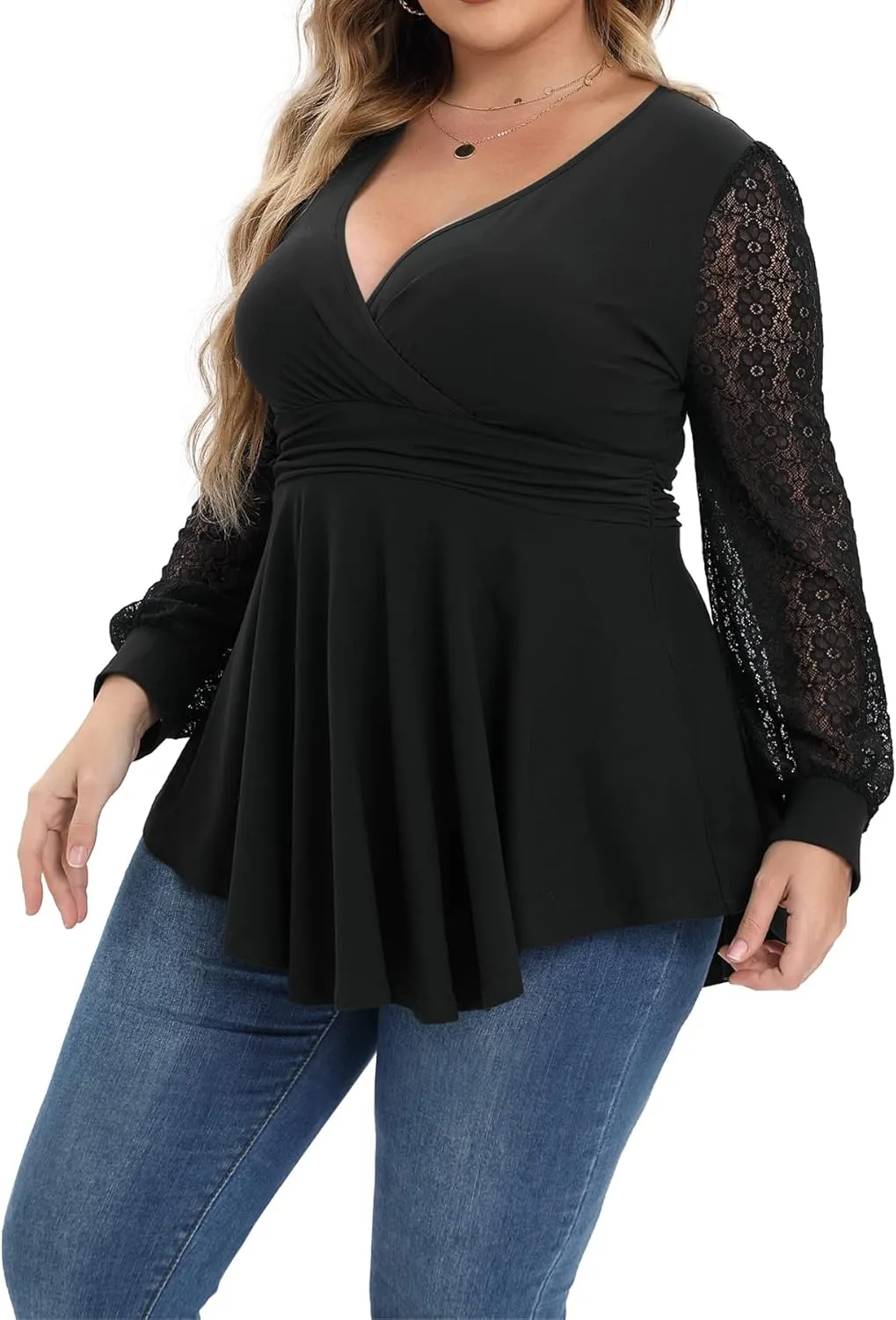 Plus Size Tops for Women Lace Long Sleeve Fall Shirts Casual Dressy Wrap V Neck Pleated Tunic Top