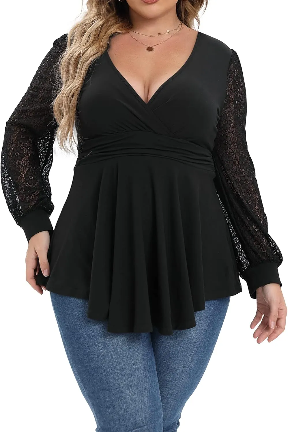Plus Size Tops for Women Lace Long Sleeve Fall Shirts Casual Dressy Wrap V Neck Pleated Tunic Top