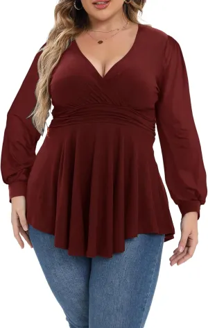 Plus Size Tops for Women Lace Long Sleeve Fall Shirts Casual Dressy Wrap V Neck Pleated Tunic Top