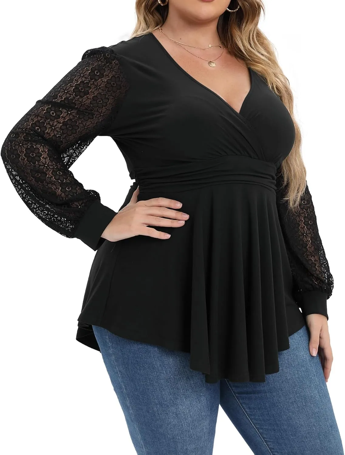 Plus Size Tops for Women Lace Long Sleeve Fall Shirts Casual Dressy Wrap V Neck Pleated Tunic Top