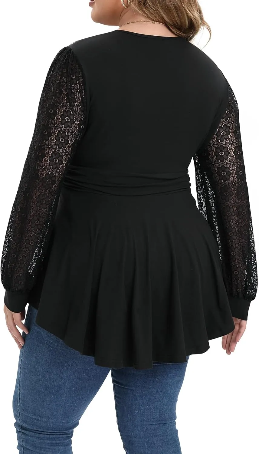Plus Size Tops for Women Lace Long Sleeve Fall Shirts Casual Dressy Wrap V Neck Pleated Tunic Top