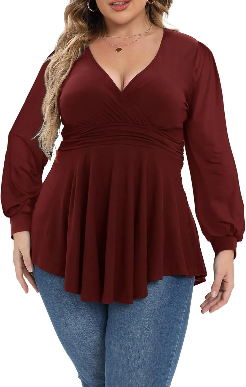 Plus Size Tops for Women Lace Long Sleeve Fall Shirts Casual Dressy Wrap V Neck Pleated Tunic Top