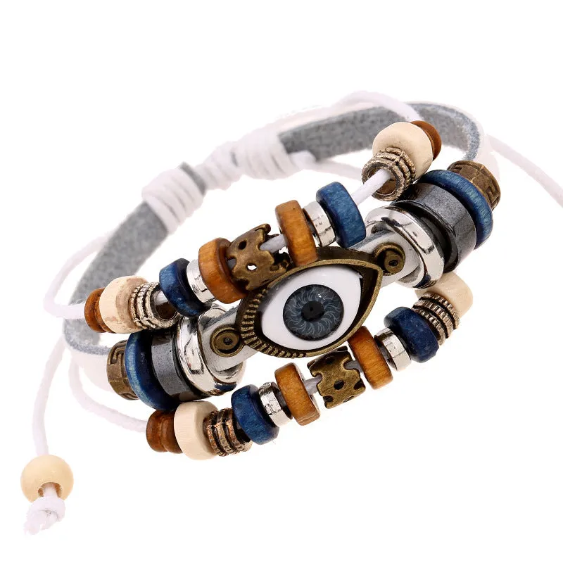 Popular Ornament New Beaded Eyes Cattle Leather Bracelet Pull-out Adjustable Couple Leather Bracelet