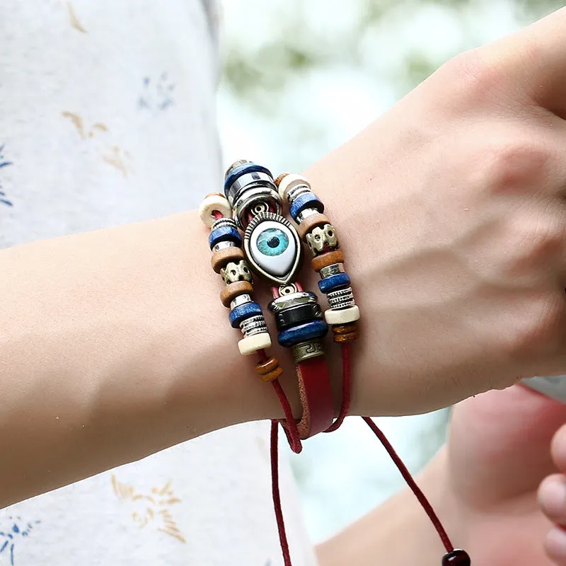 Popular Ornament New Beaded Eyes Cattle Leather Bracelet Pull-out Adjustable Couple Leather Bracelet