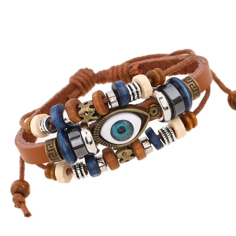 Popular Ornament New Beaded Eyes Cattle Leather Bracelet Pull-out Adjustable Couple Leather Bracelet