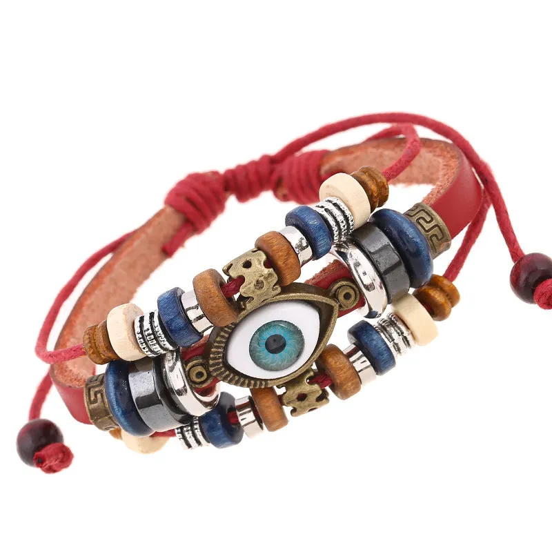 Popular Ornament New Beaded Eyes Cattle Leather Bracelet Pull-out Adjustable Couple Leather Bracelet