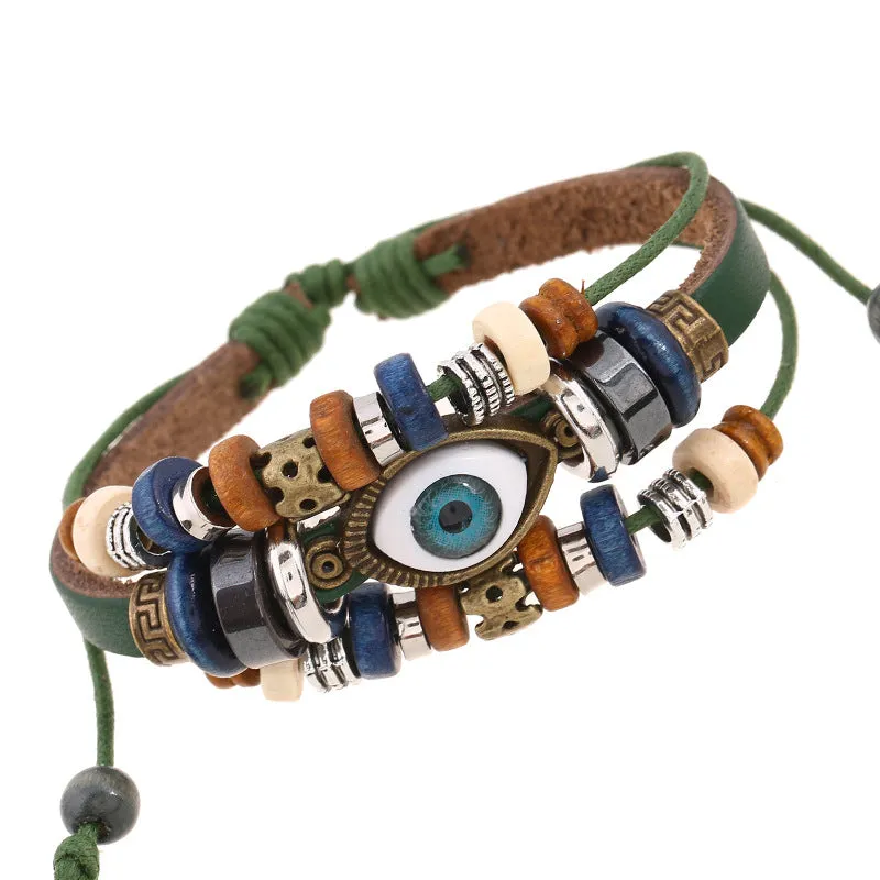 Popular Ornament New Beaded Eyes Cattle Leather Bracelet Pull-out Adjustable Couple Leather Bracelet