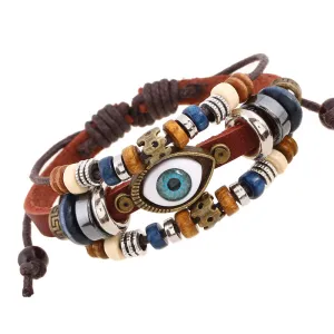 Popular Ornament New Beaded Eyes Cattle Leather Bracelet Pull-out Adjustable Couple Leather Bracelet