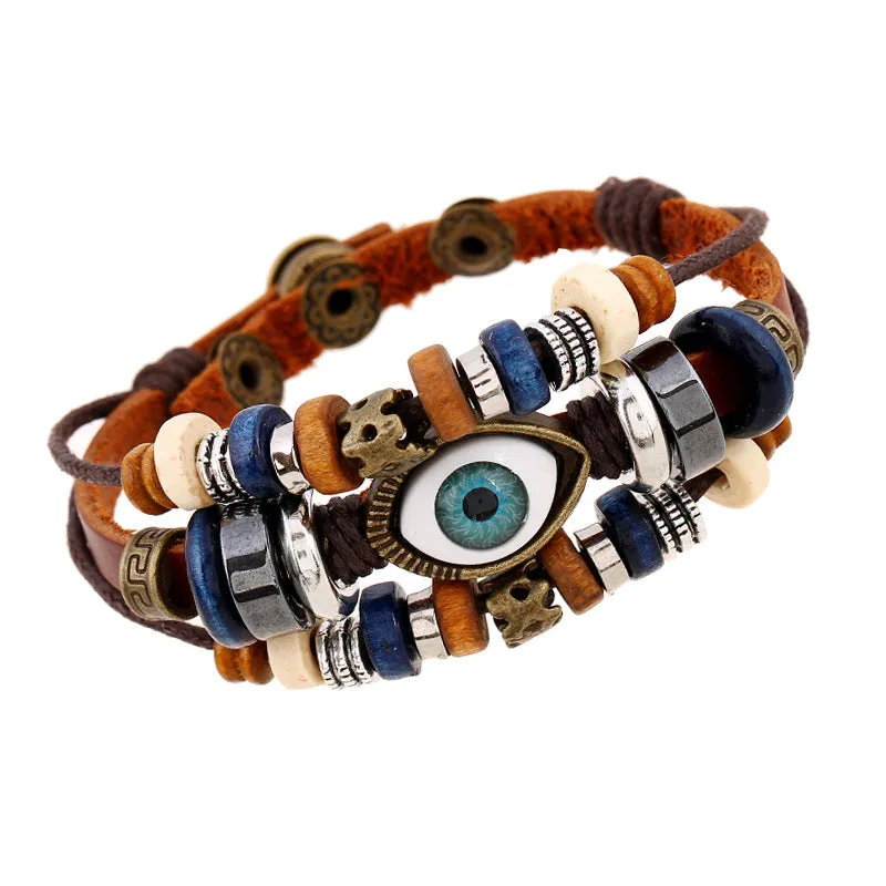 Popular Ornament New Beaded Eyes Cattle Leather Bracelet Pull-out Adjustable Couple Leather Bracelet