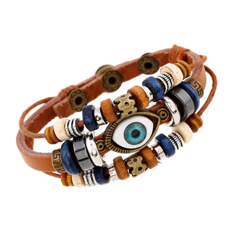 Popular Ornament New Beaded Eyes Cattle Leather Bracelet Pull-out Adjustable Couple Leather Bracelet