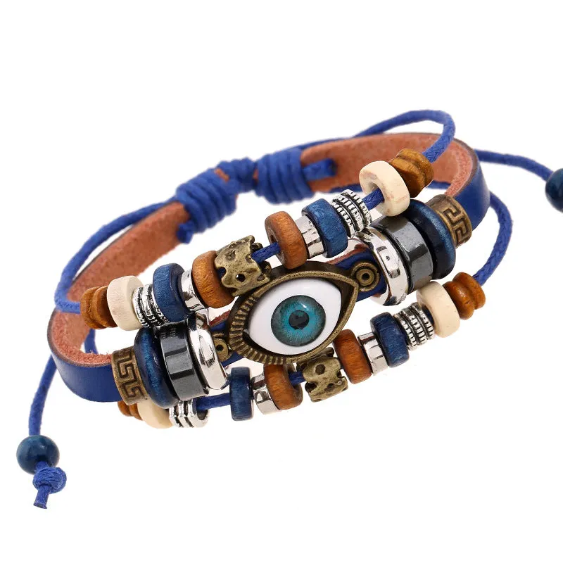 Popular Ornament New Beaded Eyes Cattle Leather Bracelet Pull-out Adjustable Couple Leather Bracelet