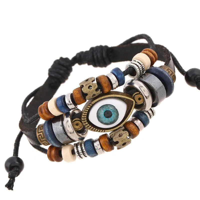 Popular Ornament New Beaded Eyes Cattle Leather Bracelet Pull-out Adjustable Couple Leather Bracelet