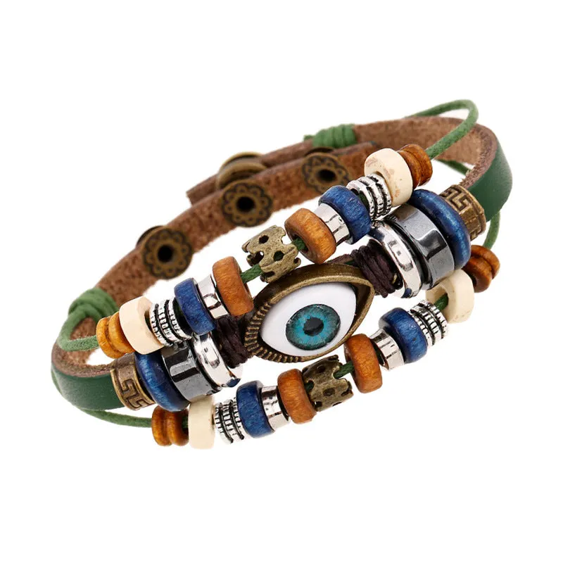 Popular Ornament New Beaded Eyes Cattle Leather Bracelet Pull-out Adjustable Couple Leather Bracelet