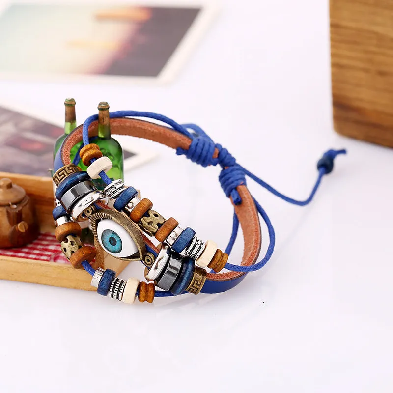 Popular Ornament New Beaded Eyes Cattle Leather Bracelet Pull-out Adjustable Couple Leather Bracelet