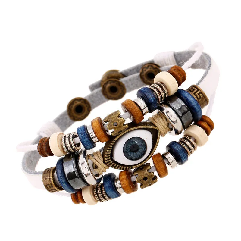 Popular Ornament New Beaded Eyes Cattle Leather Bracelet Pull-out Adjustable Couple Leather Bracelet